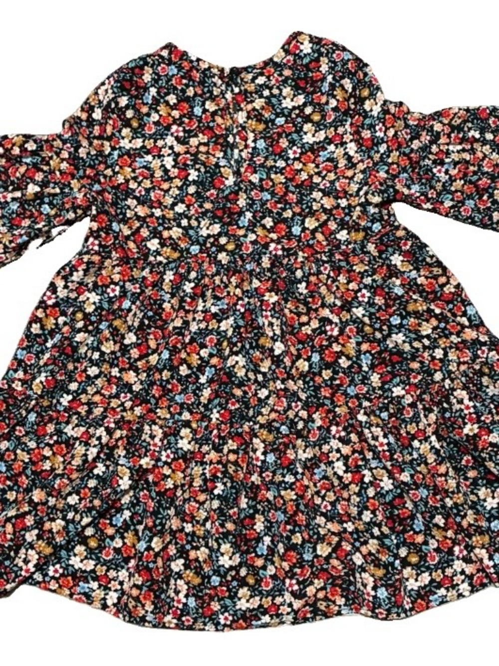SHEIN Black Floral Long Sleeve Twirl Dress with Red & Blue Accents